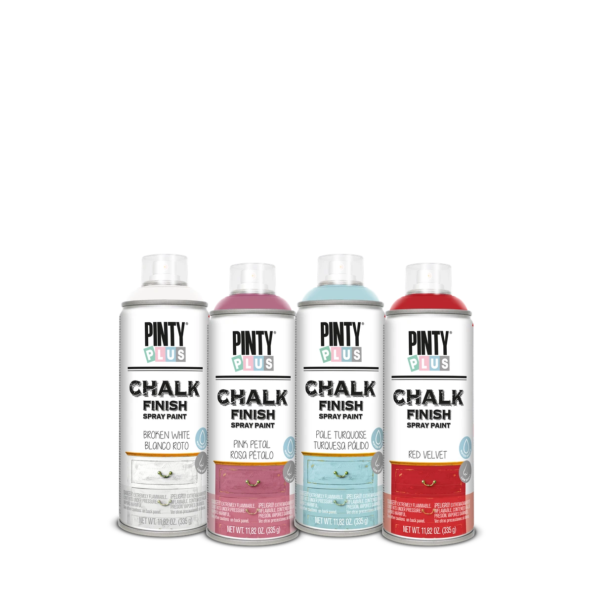 Four Pintyplus Chalk Finish spray cans in white, pink, pale turquoise and red