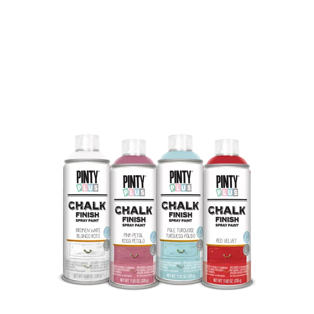 Four Pintyplus Chalk Finish spray cans in white, pink, pale turquoise and red